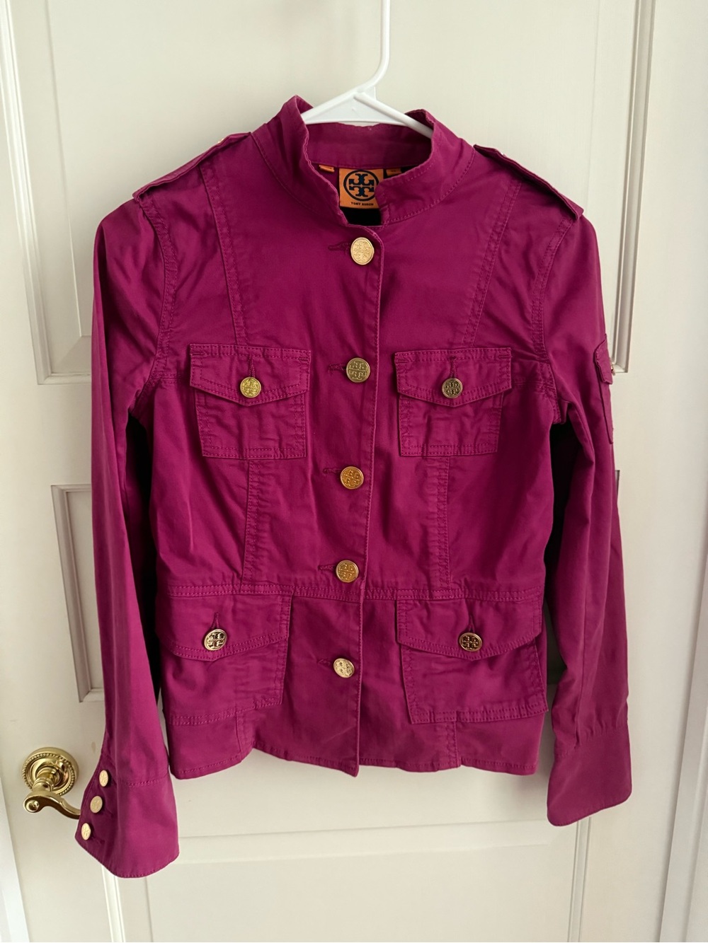 Tory Burch Fuchsia Collarless Jacket with Gold Logo Button